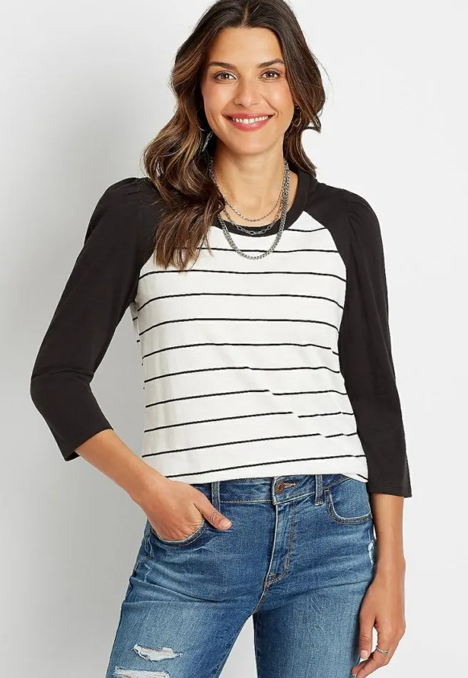 247 Black Stripe Puff Sleeve Baseball Tee Women Maurices Tops