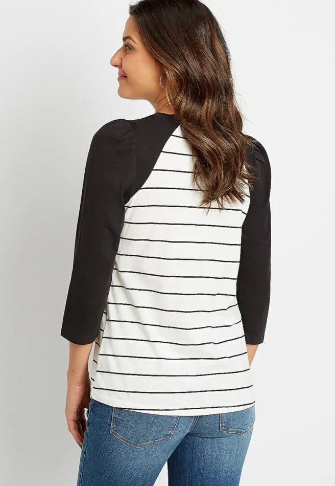 247 Black Stripe Puff Sleeve Baseball Tee Women Maurices Tops