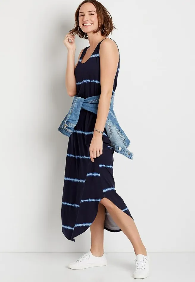 247 Blue Striped Sleeveless Maxi Women Maurices Dresses and Jumpsuits