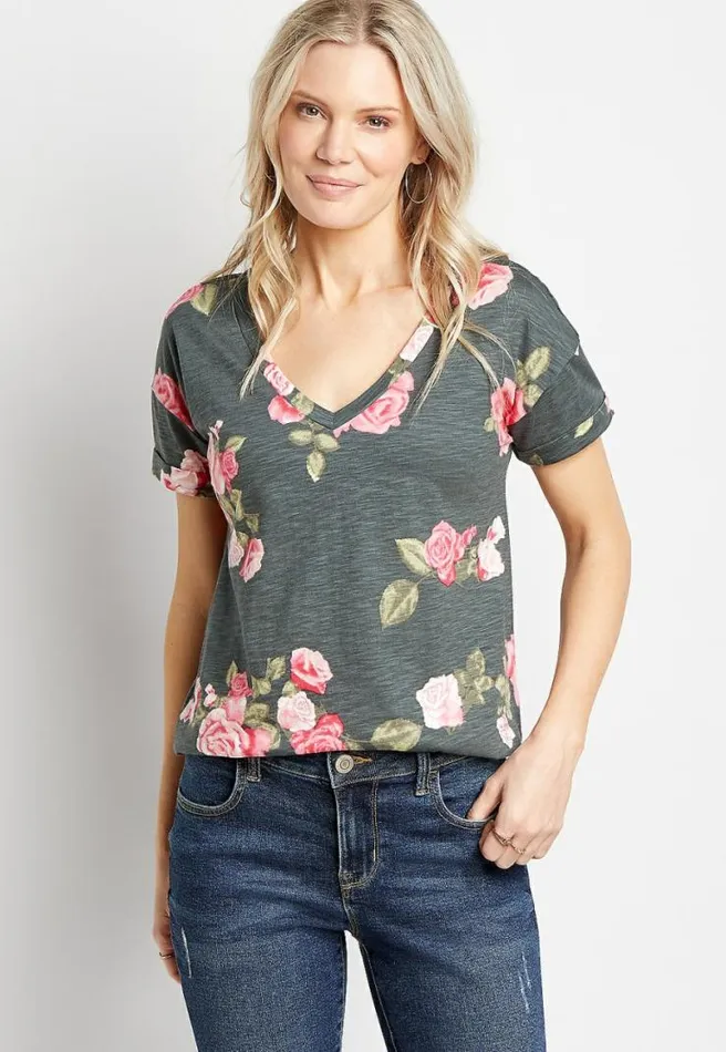 247 Gray Floral Drop Shoulder Classic Tee Women Maurices Tops