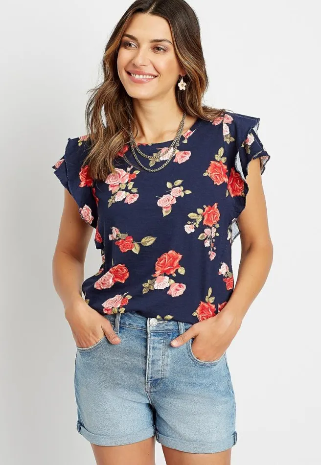 247 Navy Floral Double Ruffle Sleeve Tee Women Maurices Tops