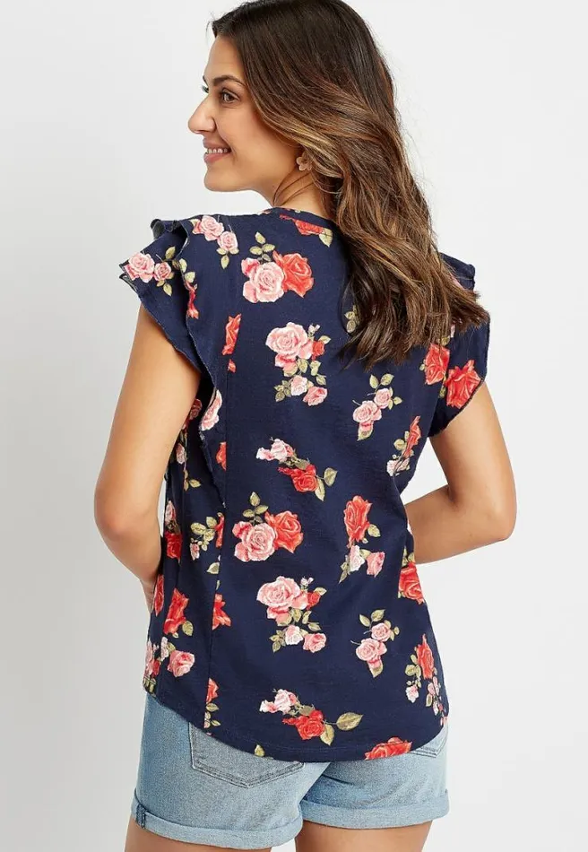 247 Navy Floral Double Ruffle Sleeve Tee Women Maurices Tops