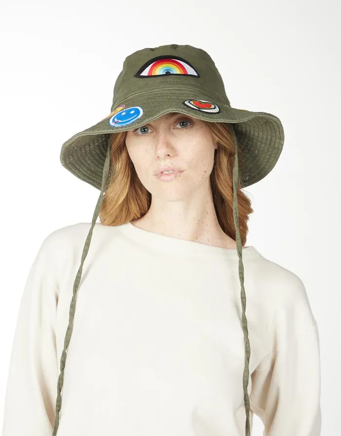 Adina Bucket Hat W Happy Hippie Patches Military Women Lauren Moshi Hats Adina Bucket Hat W Happy Hippie Patches Military Women Lauren Moshi Hats
