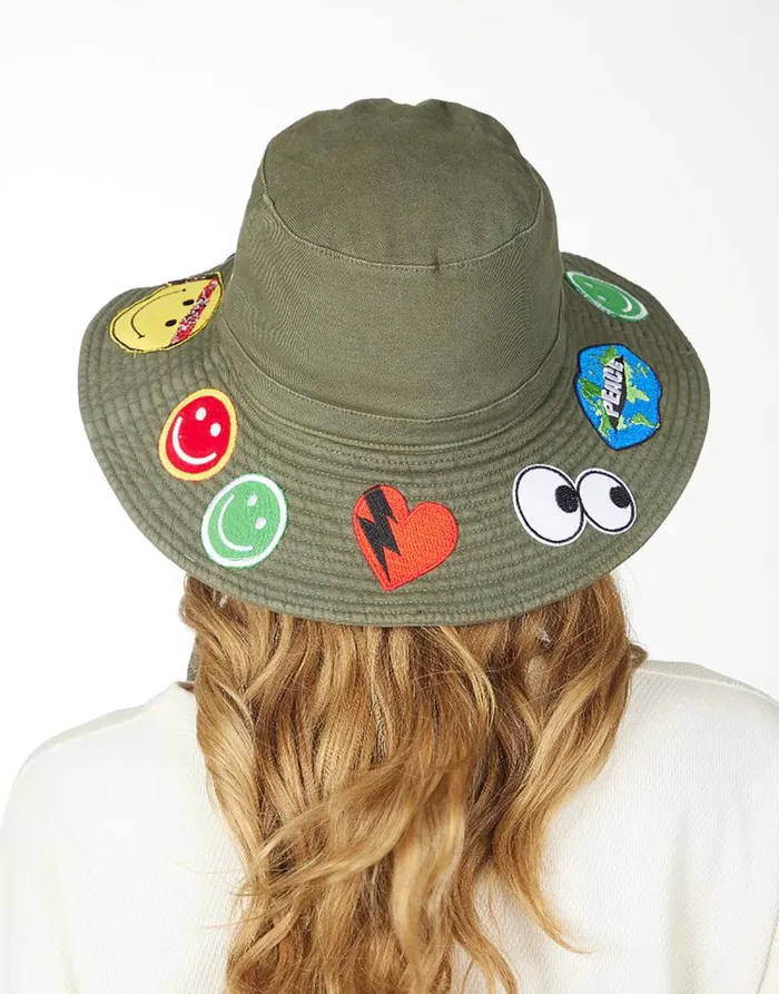 Adina Bucket Hat W Happy Hippie Patches Military Women Lauren Moshi Hats Adina Bucket Hat W Happy Hippie Patches Military Women Lauren Moshi Hats