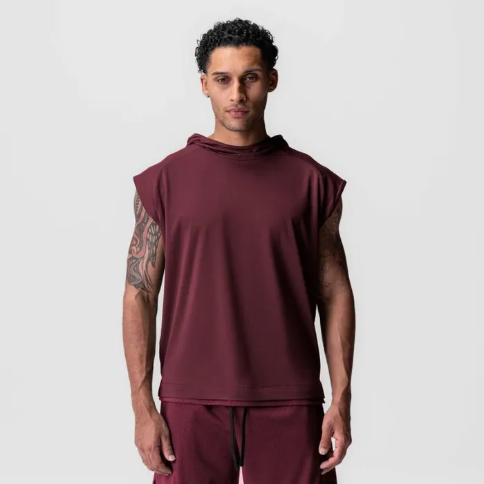 ASRV Hoodies and Sweatshirts Men Reversible 2in1 Cutoff Hoodie Crimson Red