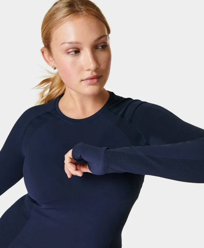 Athlete Seamless Gym Long Sleeve Top Navy Blue Long Sleeve Tops Sweaty Betty Women