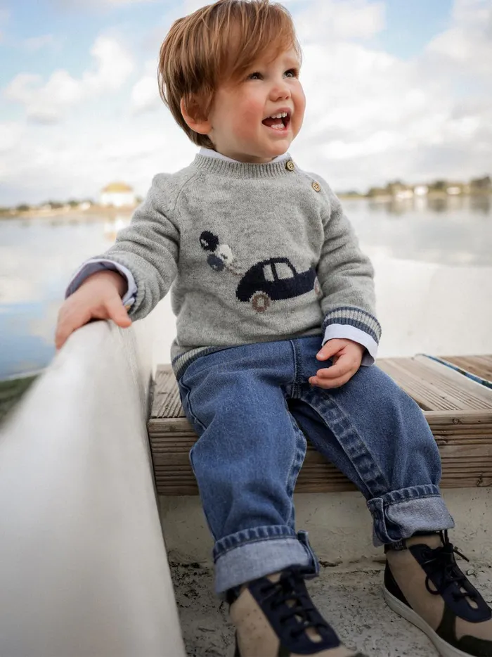 Baby Baby Boy Cyrillus Wool CarMotif Sweater Gris Chine Clair