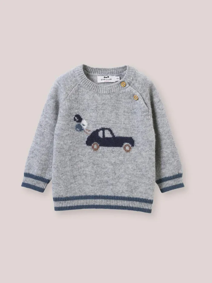 Baby Baby Boy Cyrillus Wool CarMotif Sweater Gris Chine Clair