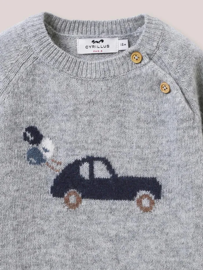 Baby Baby Boy Cyrillus Wool CarMotif Sweater Gris Chine Clair