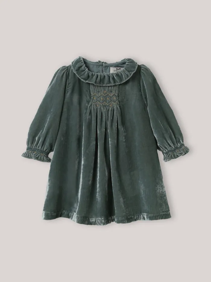 Baby Baby Girl Cyrillus Panne Velvet Dress Vert De Gris