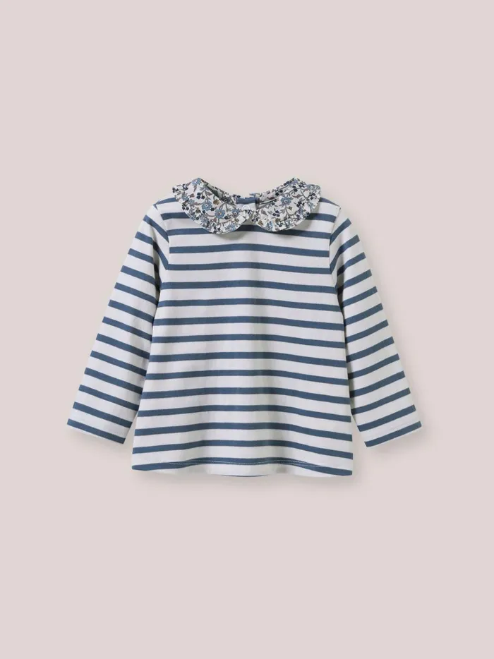 Baby Baby Girl Cyrillus Sripe TShirt Collar Made With Liberty Fabric Rayure Bleuecru