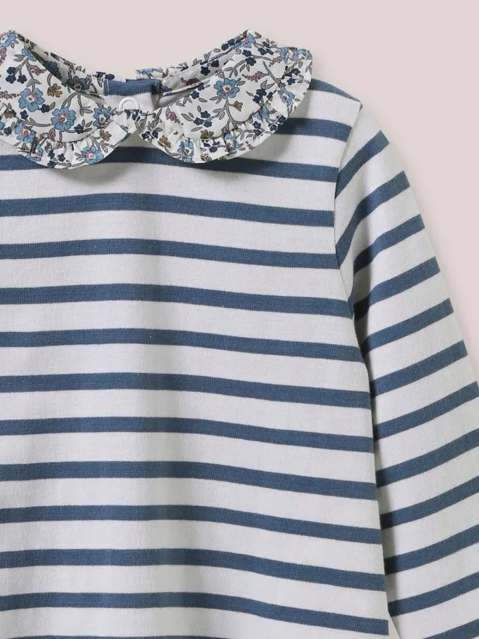 Baby Baby Girl Cyrillus Sripe TShirt Collar Made With Liberty Fabric Rayure Bleuecru