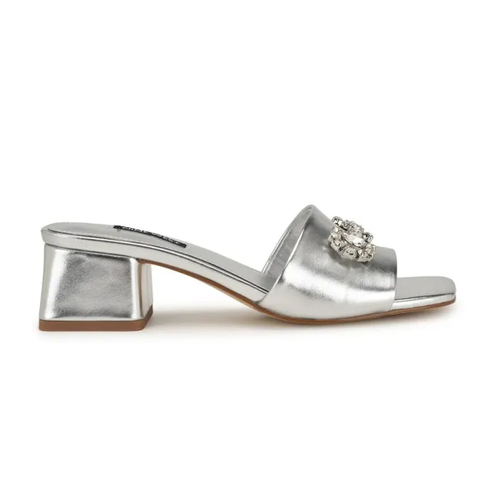 Bamsy Block Heel Slide Sandals Silver Women Nine West Sandals