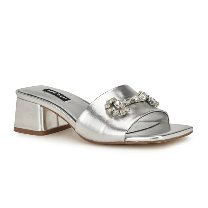 Bamsy Block Heel Slide Sandals Silver Women Nine West Sandals