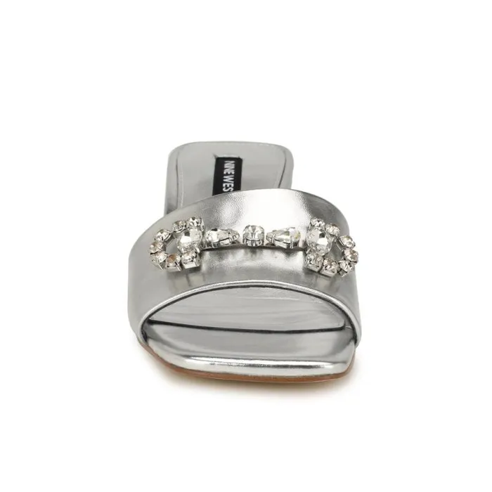 Bamsy Block Heel Slide Sandals Silver Women Nine West Sandals
