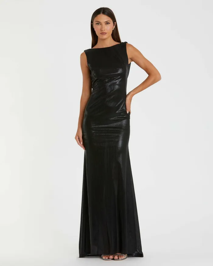 Best Sellers Women Black Metallic Jersey Cowl Back Column Gown Black Mac Duggal