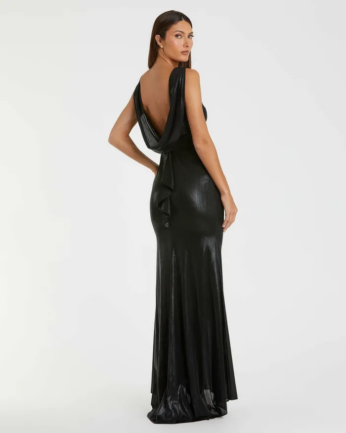 Best Sellers Women Black Metallic Jersey Cowl Back Column Gown Black Mac Duggal