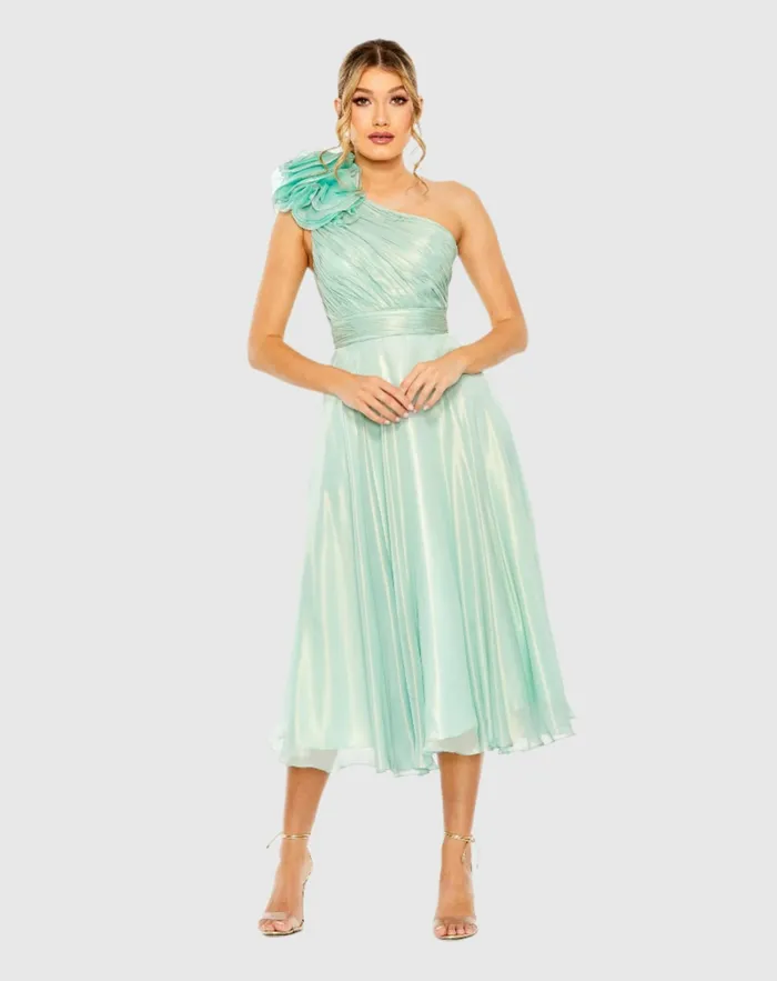 Best Sellers Women Green Rosette One Shoulder Tea Length Dress Sage Mac Duggal