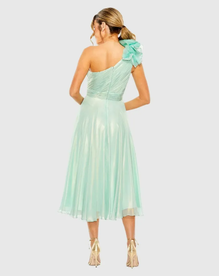 Best Sellers Women Green Rosette One Shoulder Tea Length Dress Sage Mac Duggal
