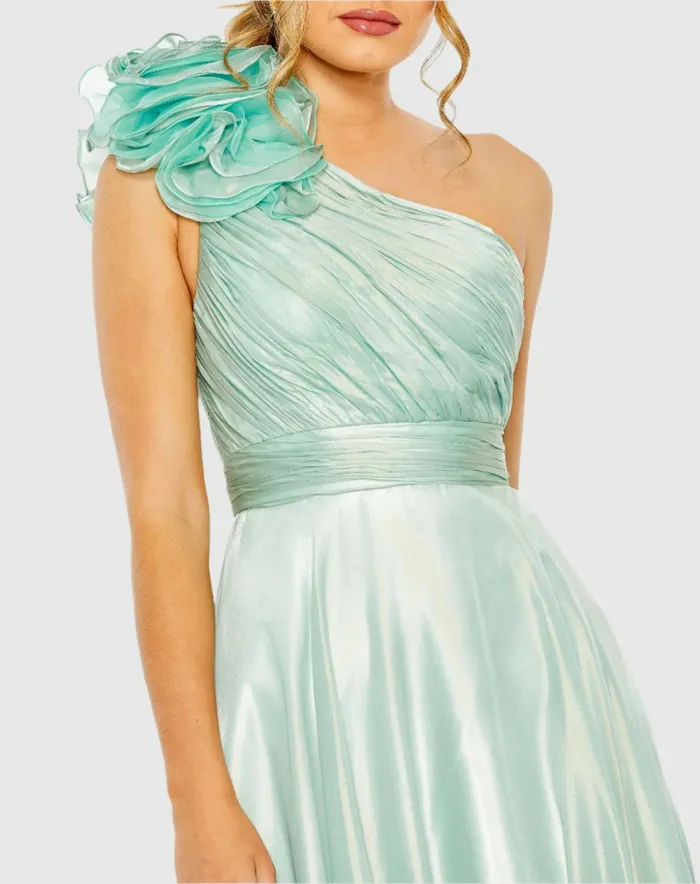 Best Sellers Women Green Rosette One Shoulder Tea Length Dress Sage Mac Duggal