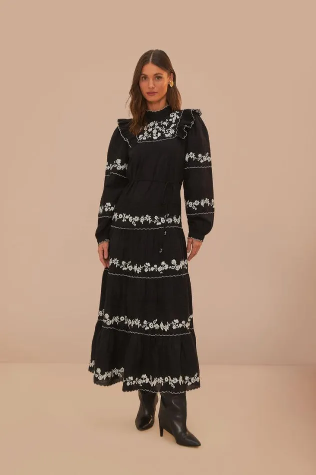 Black And White Embroidered Long Sleeve Maxi Dress Women FARM Rio Maxi Dresses