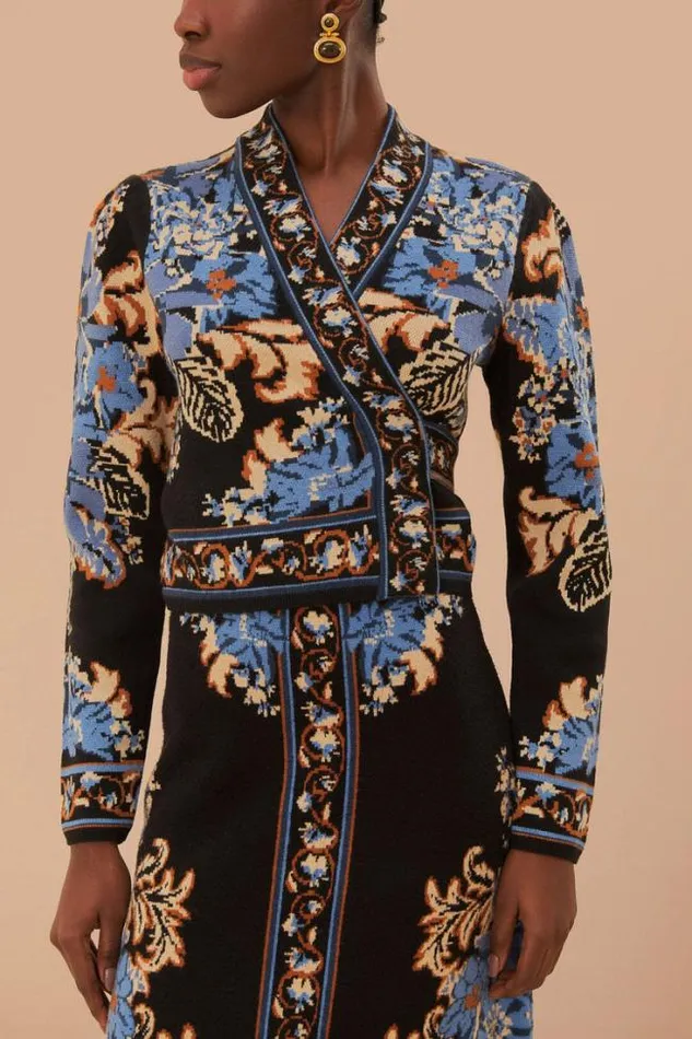 Black Blossom Tapestry Knit Wrap Blouse Women FARM Rio Blouses