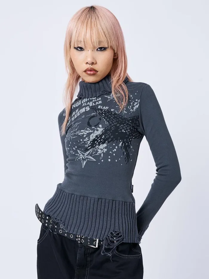 Blah Blah Blah Distressed High Neck Top Women Minga London Tops and TShirts