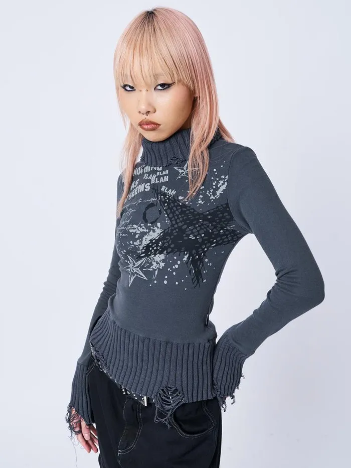 Blah Blah Blah Distressed High Neck Top Women Minga London Tops and TShirts