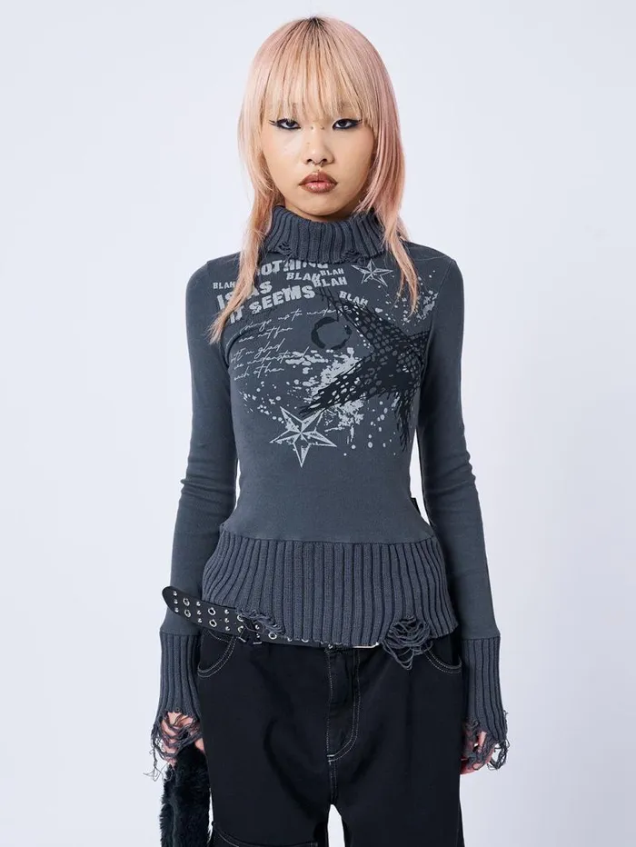 Blah Blah Blah Distressed High Neck Top Women Minga London Tops and TShirts