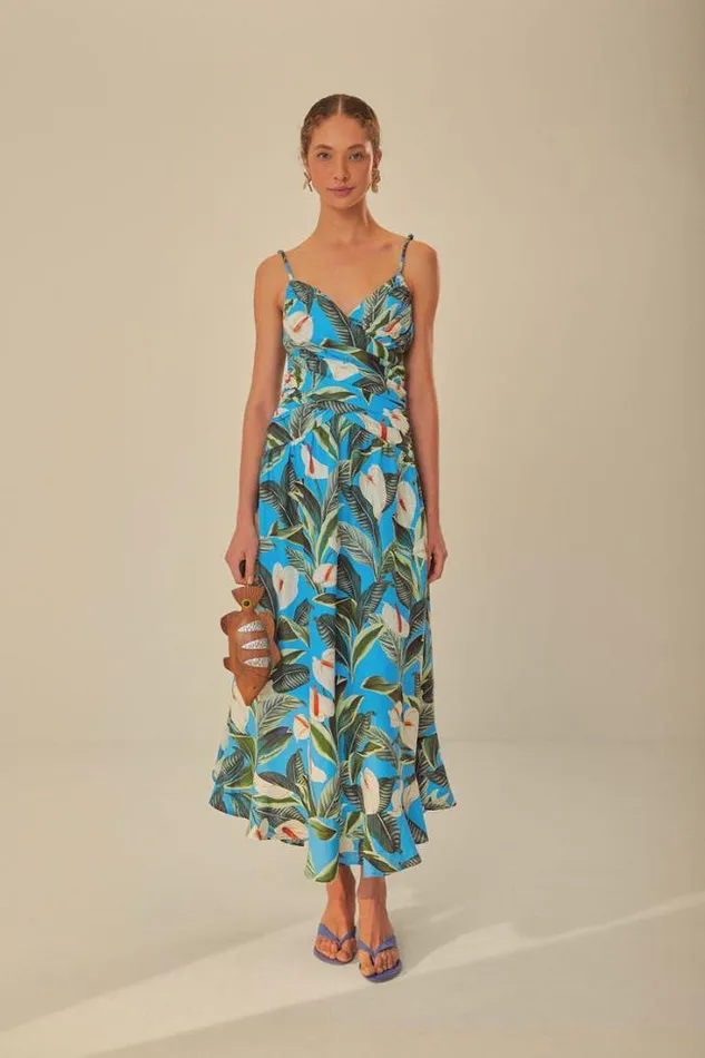 Blue Anthurium Garden Lenzing Ecovero Euroflax Maxi Dress Women FARM Rio Maxi Dresses
