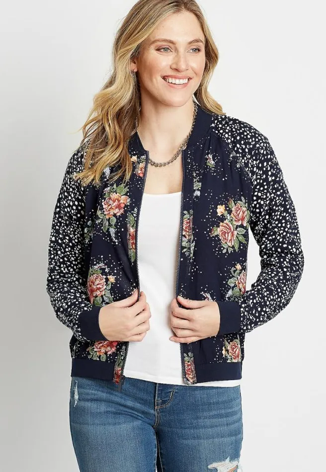 Blue Floral Polka Dot Bomber Jacket Women Maurices Tops