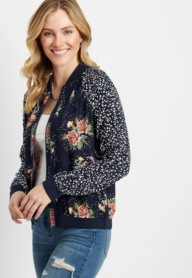 Blue Floral Polka Dot Bomber Jacket Women Maurices Tops