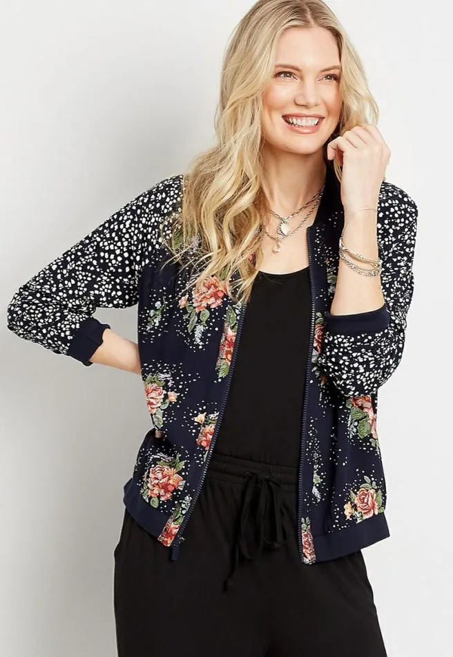 Blue Floral Polka Dot Bomber Jacket Women Maurices Tops