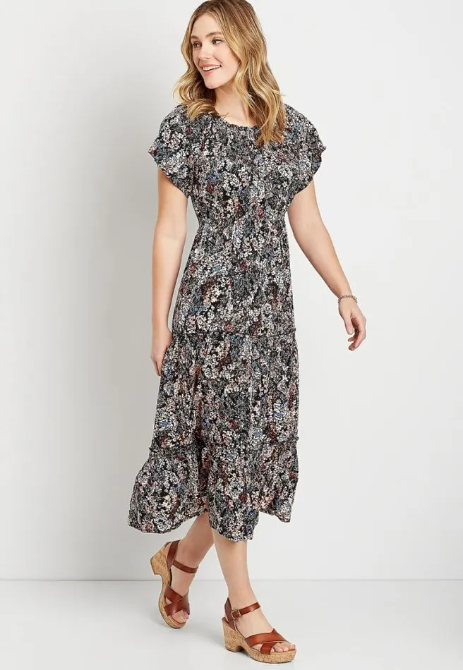 Blue Floral Smocked Neck Midi Dress Women Maurices Dresses and Jumpsuits