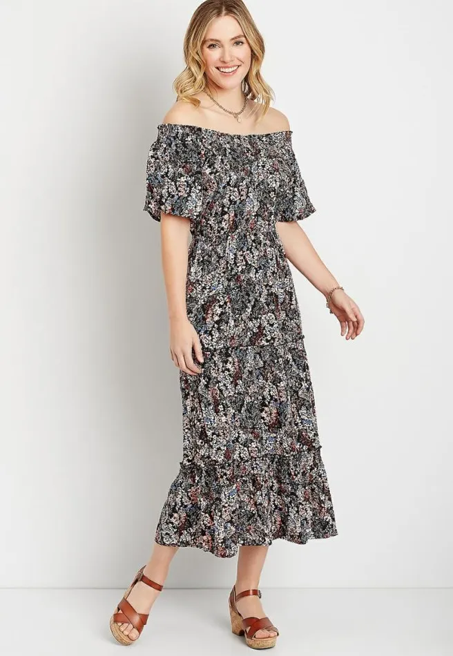 Blue Floral Smocked Neck Midi Dress Women Maurices Dresses and Jumpsuits