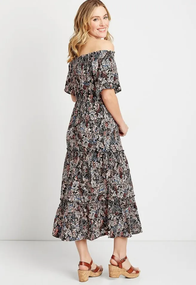 Blue Floral Smocked Neck Midi Dress Women Maurices Dresses and Jumpsuits
