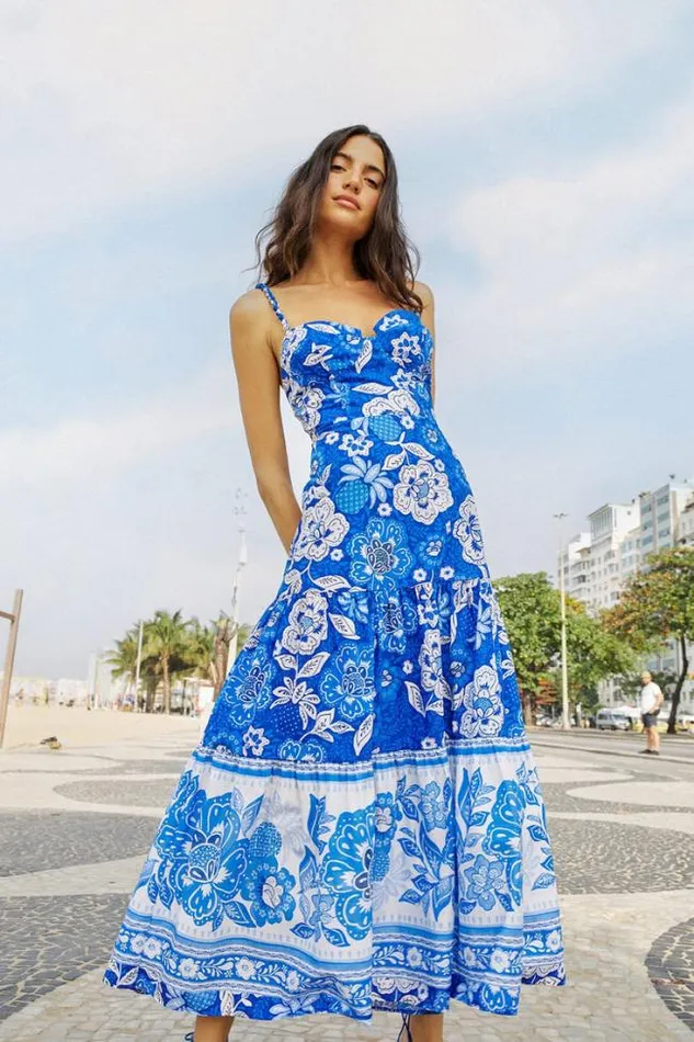 Blue Full Of Flowers Organic Cotton Midi Dress Women FARM Rio Midi Dresses