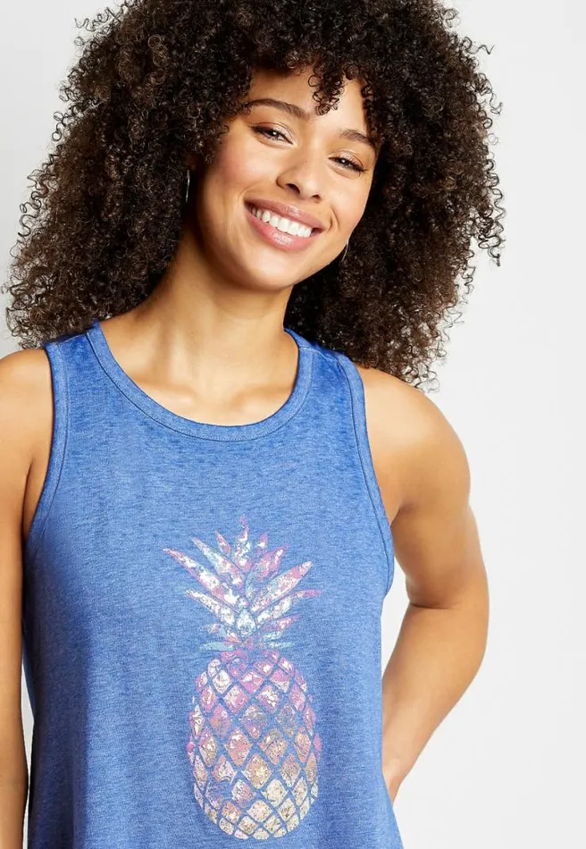 Blue Metallic Pineapple Graphic Tank Top Women Maurices Tops