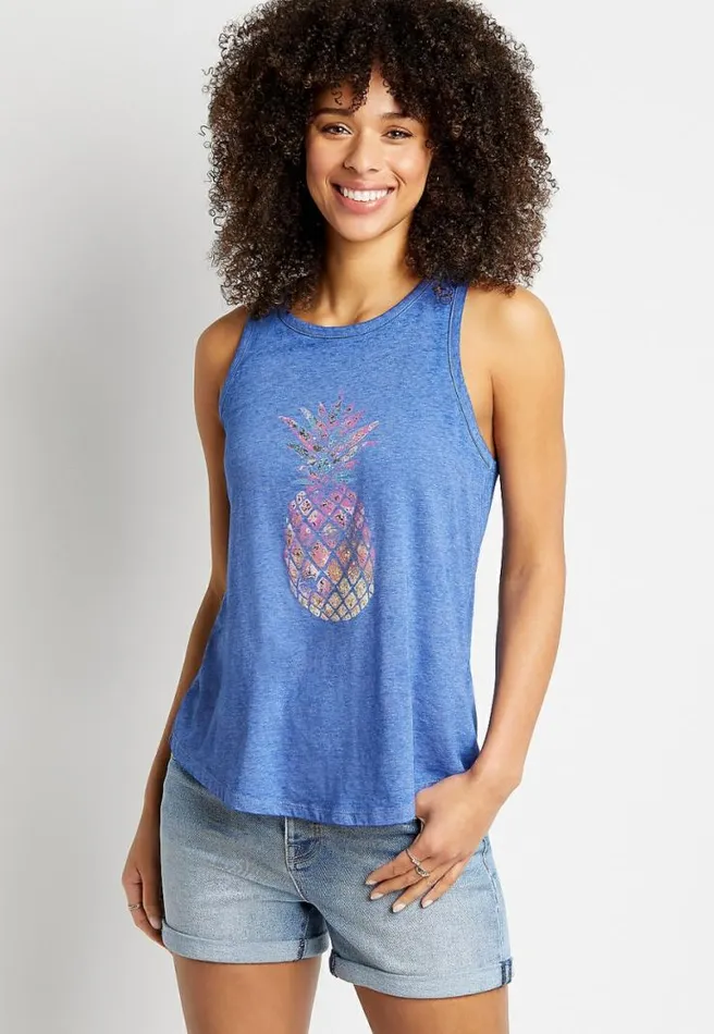Blue Metallic Pineapple Graphic Tank Top Women Maurices Tops
