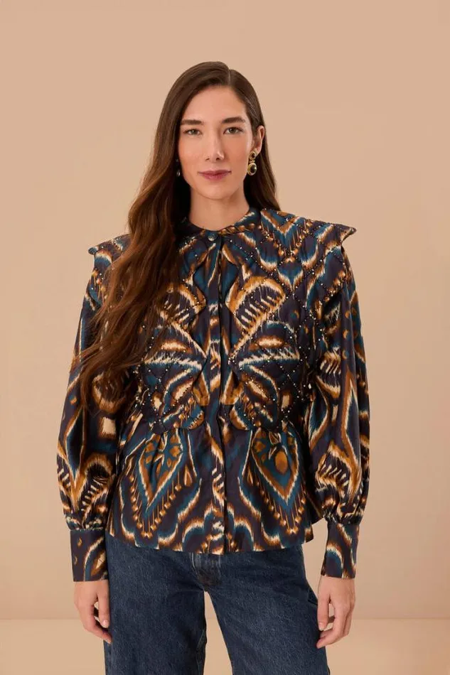 Blue Pineapple Ikat Long Sleeve Matelasse Blouse Women FARM Rio Blouses