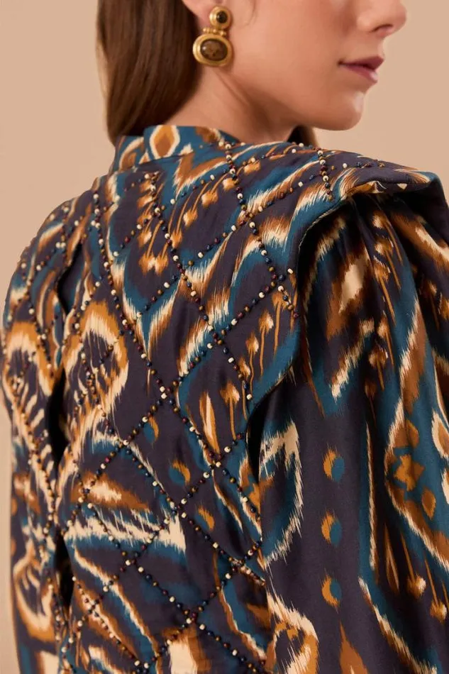 Blue Pineapple Ikat Long Sleeve Matelasse Blouse Women FARM Rio Blouses
