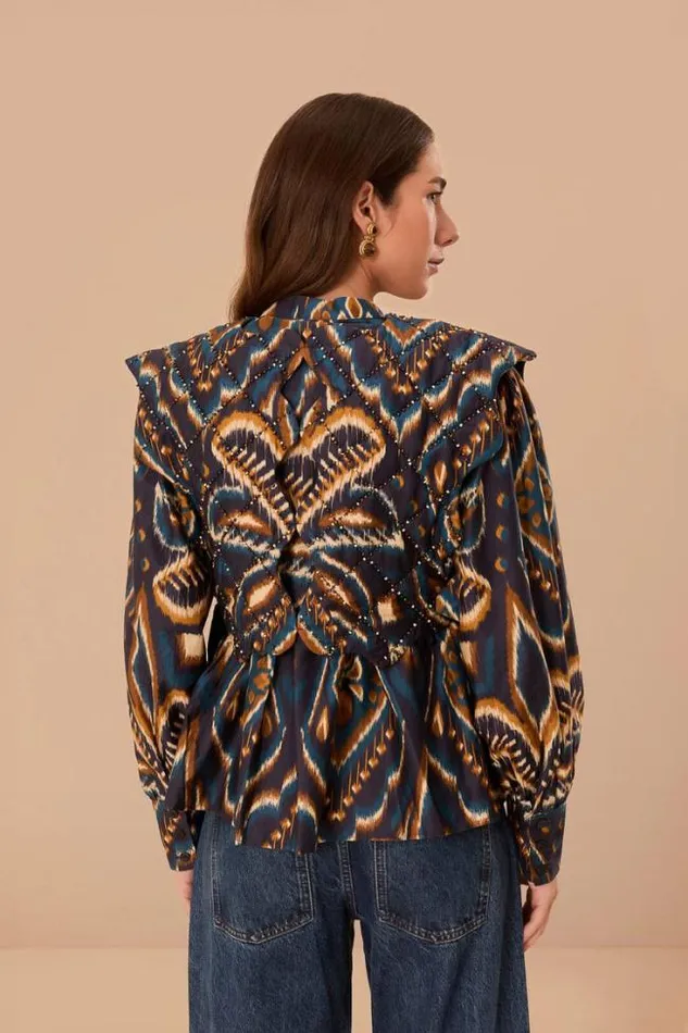 Blue Pineapple Ikat Long Sleeve Matelasse Blouse Women FARM Rio Blouses