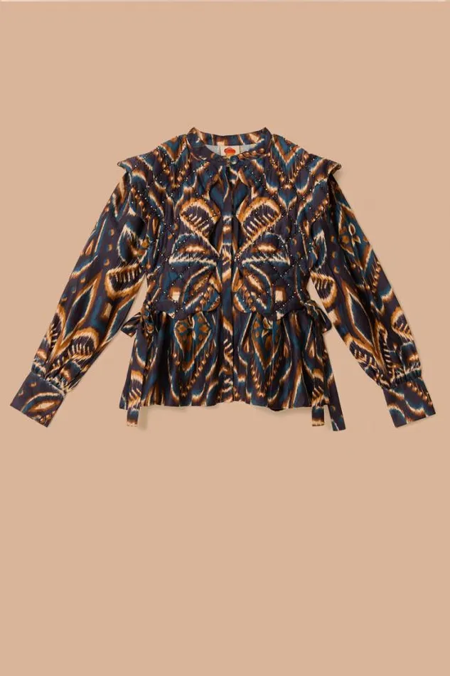 Blue Pineapple Ikat Long Sleeve Matelasse Blouse Women FARM Rio Blouses