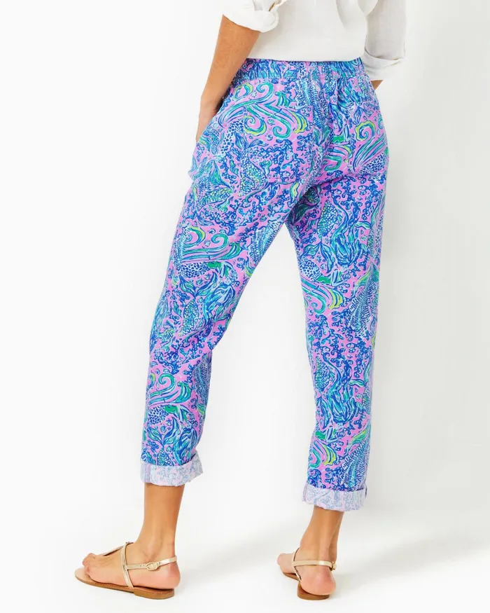 Bottoms Women Lilly Pulitzer 31034 Taron MidRise Linen Pant Lilac Rose We Mermaid It