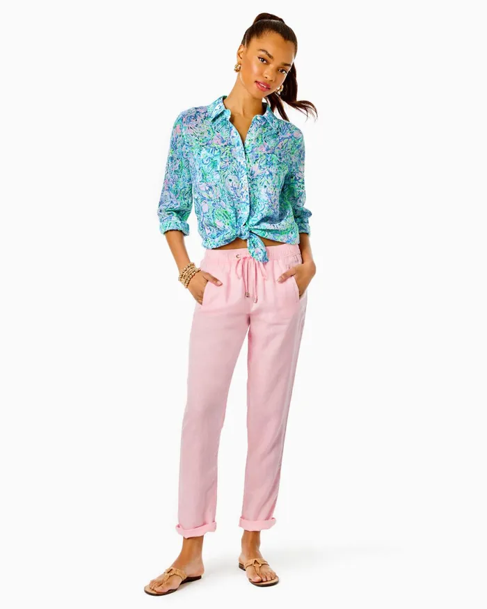 Bottoms Women Lilly Pulitzer 31034 Taron MidRise Linen Pant Pink Blossom Bottoms Women Lilly Pulitzer 31034 Taron MidRise Linen Pant Pink Blossom