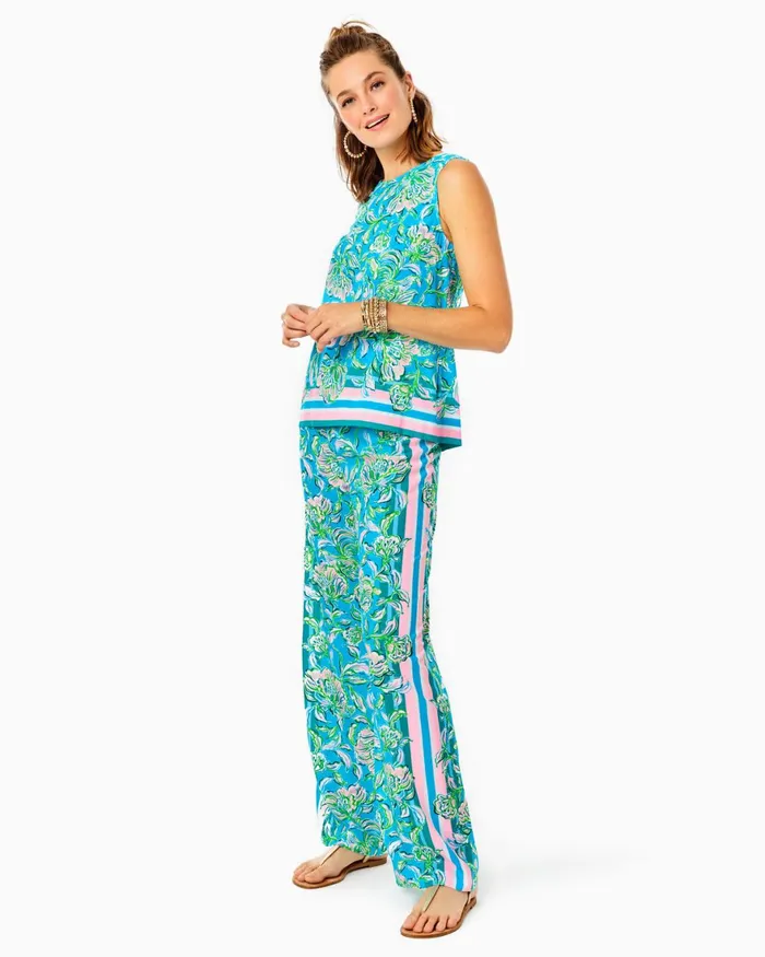 Bottoms Women Lilly Pulitzer 32034 Bal Harbour Palazzo Pant Cumulus Blue Chick Magnet Engineered Pants