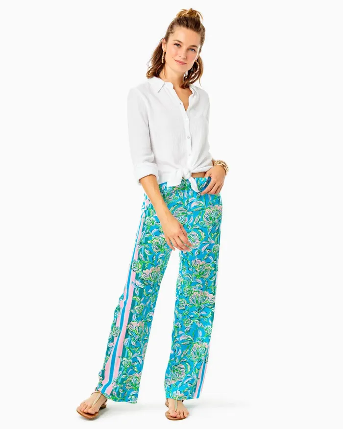 Bottoms Women Lilly Pulitzer 32034 Bal Harbour Palazzo Pant Cumulus Blue Chick Magnet Engineered Pants