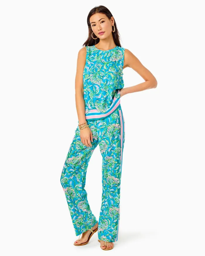 Bottoms Women Lilly Pulitzer 32034 Bal Harbour Palazzo Pant Cumulus Blue Chick Magnet Engineered Pants