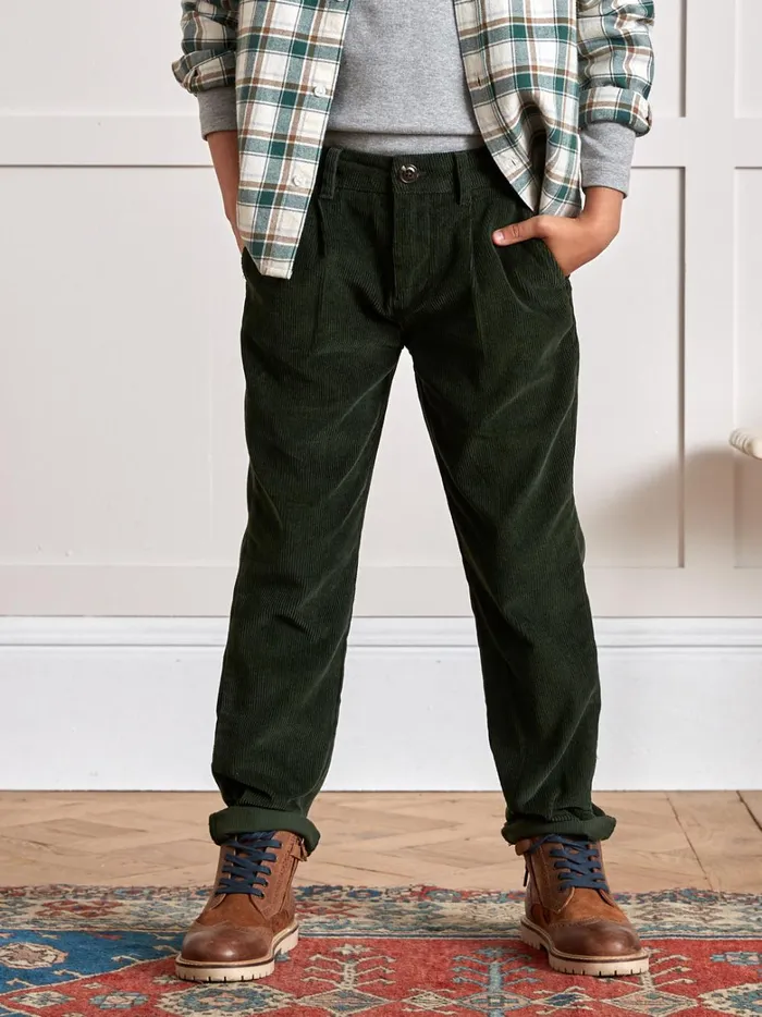 Boys Clothing Cyrillus Corduroy Chino Trousers Vert Chasse