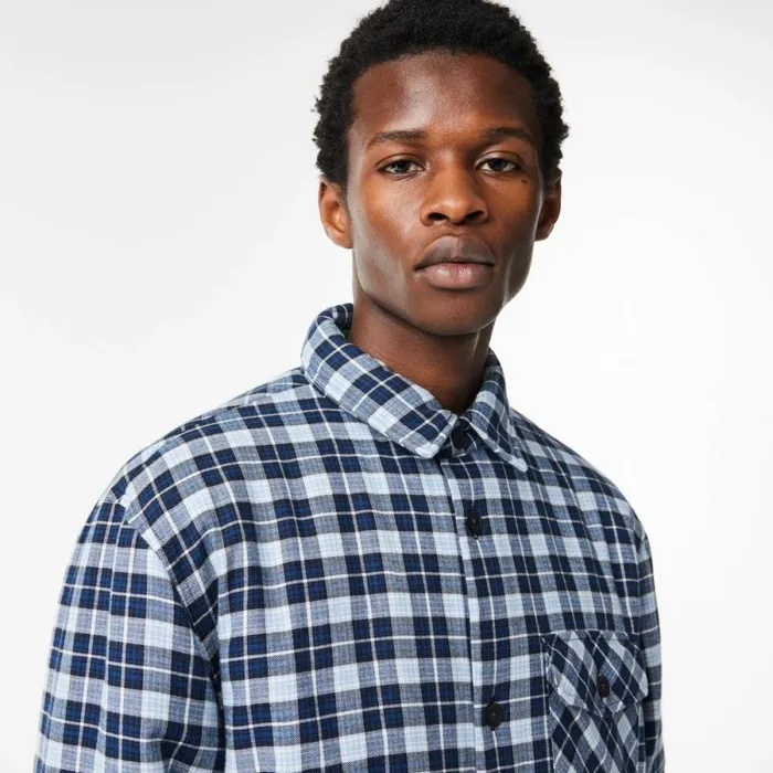 Button Down Shirts Men Lacoste Men039s Checked Overshirt With Quilted Lining Navy Blue White Qli